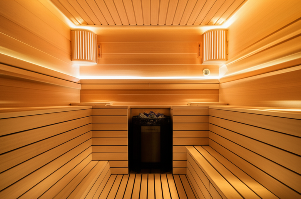 Minimalist custom sauna interior built by Analog Sauna